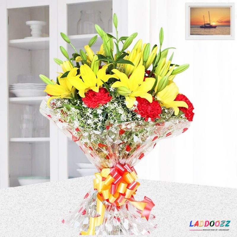 Red and Yellow Flower in Yellow Paper Paking 